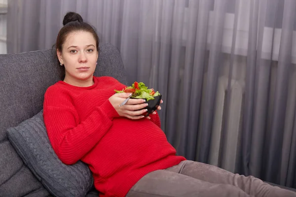 Indoor shot of young pregnant woman wears red sweater and maroon leggins, holding bowl of salad in both hands, model looks at camera, sits on gray sofa in living room, having calm expression. — Stock Photo, Image