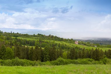 Güzel panoramik manzara. Mauntain manzarası. Dağlara seyahat edin. Doğanın panoraması. Yeşil çimenler. ağaçlar, mavi gökyüzü, bulutlar, güzel doğa, vahşi yerlere seyahat. Seyahat konsepti.