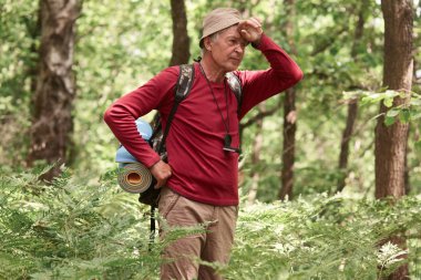 Ormanda sırt çantası ve kilim ayakta, yorgun olmak, alnına el tutan Edery maceracı erkek, kahverengi rahat pantolon, kırmızı kazak ve kap dokumalı, ormanda kaybetti ve doğru yolu bulamıyor.