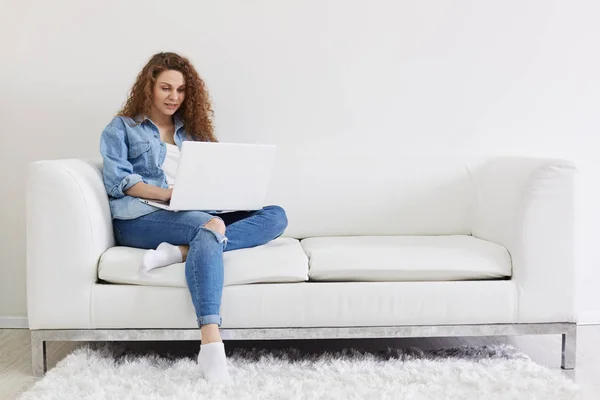 Indoor shot of young business woman sitting on white sofa while holding laptop on her lap, attractive female has curly hair and dressed in demin jacket and jeans. People and online job concept. — Stock Photo, Image