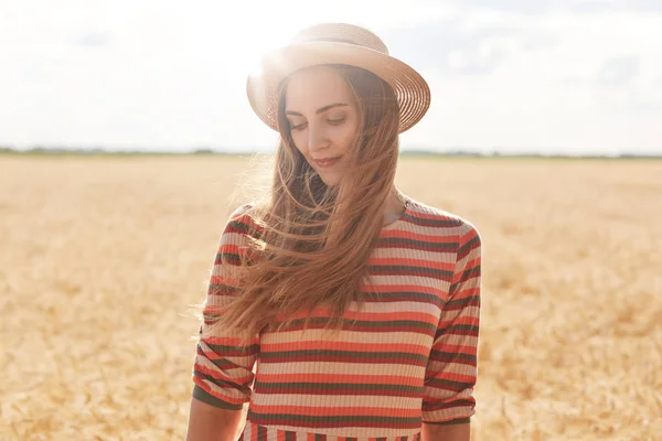 Close up retrato ao ar livre de mulher bonita em chapéu de palha e camisa listrada, fêmea posando no prado, olha sorrindo para baixo e sonhando no campo de grãos de espigas de milho, de pé entre espiguetas . — Fotografia de Stock