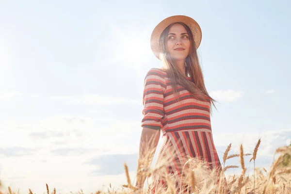 Retrato de alegre jovem mulher se divertindo, sorrir e desfrutar de dia de verão e tempo bonito no campo, posando ao ar livre em roupa listrada e chapéu de palha de sol entre espiguetas. Conceito de natureza . — Fotografia de Stock