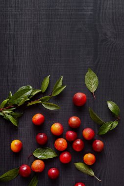 Koyu arka planda yeşil yaprakları, Masa üzerinde pullar ve aliches ile renkli taze lezzetli meyve üst görünümü. Yaz yemekleri ve temiz yeme konsepti. Reklam veya promosyon metniniz için yer Kopyala.