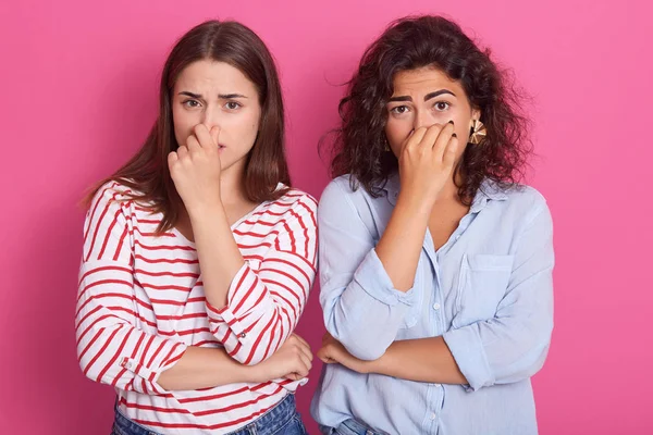 Close up shot of Caucasian girls pinching her nose to avoid bad smell, brunette women in aversion to awful stink, having negative emotions and nasty feelings, ladies wearing casually, look at camera.