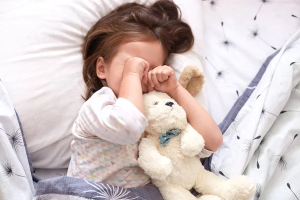 Top view of little girl lying in bed with teddy bear, being in bad mood, does not want to srtand up and go to kinder garten, toddler on pillow rubbing her eyes, looks sad. Childhood concept. Stock Image