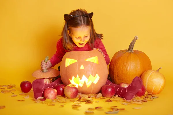 Indoor shot of little cute baby sitting isolated over yellow studio background, calabazas de otoño de Halloween, manzanas y hojas alrededor del niño, el niño parece salir en vegetal brillante, la noche de octubre pasado . —  Fotos de Stock