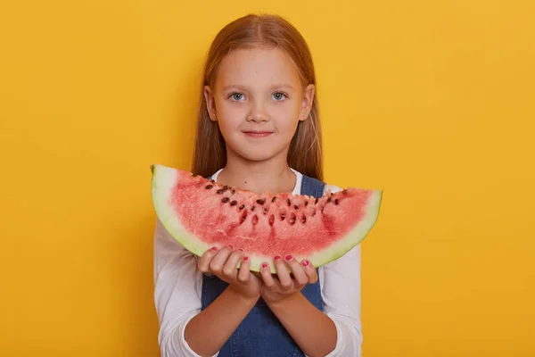 Little Caucasian girl enjoing water melon at home, child wearing white shirt and denim overalls, holding piece of water melon in hands, posing isolated over studio background, looking at camera.