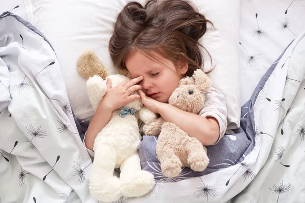 Close up portrait of cute little caucasian baby girl hugs soft teddy bear and dog toy. Portrait of sweetly sleeping toddler with pacifier, lying in bed with closed eyes. Concept of love and child care — Stock Photo, Image