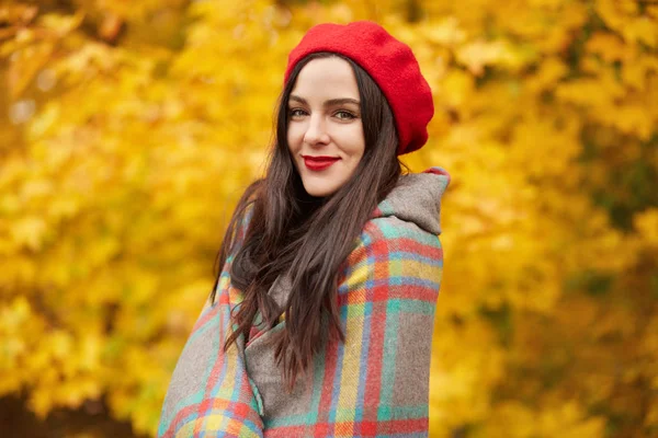 Tiro al aire libre de la mujer adorable frío envuelve manta a cuadros sobre sí misma mientras está de pie en el parque de otoño amarillo, mujer weraing boina elegante rojo, mirando sonriendo a la cámara, tener maquillaje brillante . —  Fotos de Stock