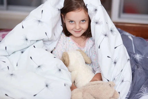 Primer plano retrato de niña alegre se esconde debajo de la manta con juguete de perro esponjoso, dulce, adorable niño divirtiéndose en la cama bajo la cubierta, mirando a la cámara. Concepto de sueño, cuidado o infancia infantil . — Foto de Stock