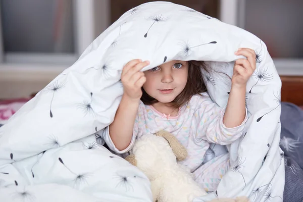 Pretty little girl in sleepwear sitting under blanket with dandelion, hiding fromfather or mother with her white soft dog toy, female kid looking at camera, spending morning time playing with parents. — Stock Photo, Image