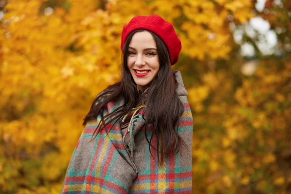 Imagem de jovem bela mulher morena envolta em cobertor xadrez ou xadrez caminha ao ar livre através do parque de outono cercado de árvores com folhas amarelas e laranja, adorável fêmea vestindo boina vermelha . — Fotografia de Stock