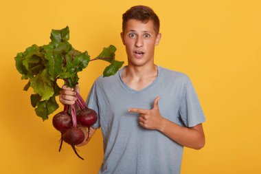 Ellerinde pancar kökleri olan, gri tişörtlü, sarı duvarın üzerinde tek başına duran, pancarı ön parmağıyla işaret eden, şokta olan, hasatıyla şaşkına dönmüş, vejetaryen bir adam..