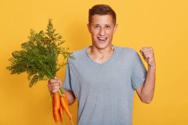Mutlu genç çiftçi havuç hasadını gösteriyor, yumruklarını sıkıyor, hafta sonunu kırsalda geçiriyor, mutlu ve heyecanlı görünüyor, gri t-shirt giyen adam sarı arka planda poz veriyor..