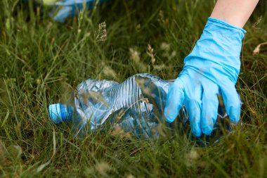 Mavi lateks eldivenli tanınmayan birinin eli yerden plastik şişe alıyor, bilinmeyen kişi parkı, çayırı ya da tarlayı temizliyor, ekolojik sorunları çözüyor..