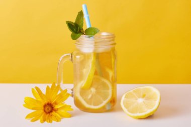 Limon dilimleri ve nane ile buzlu çay, limon dilimlenmiş cam sürahi, ferahlatıcı yaz kokteyli ve çiçekle süslenmiş saman içmek ve yarım limon..