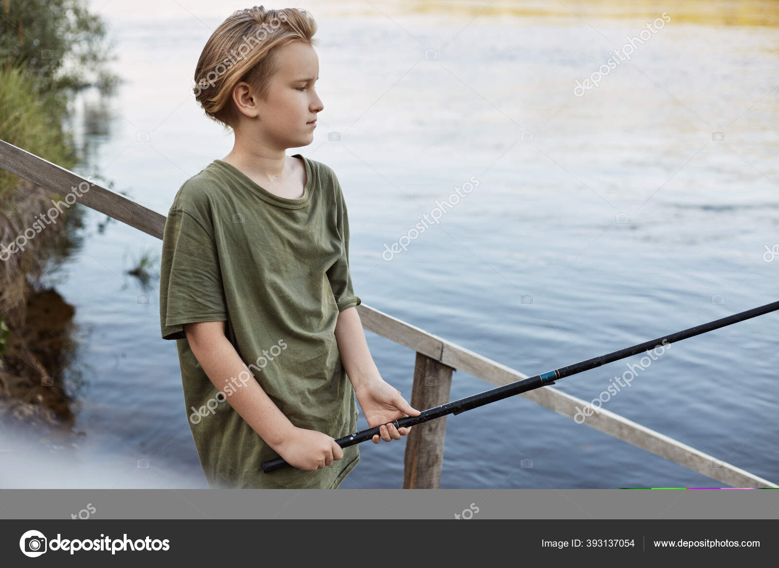 Handsome Blond Male Kid Posing Fishing Rod Hands Wooden Stairs