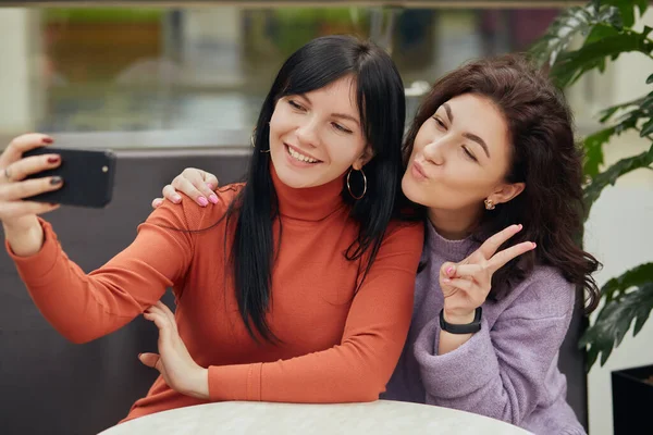 Two Young Women Taking Selfie Cafe While Sitting Table Looking — Stock Photo, Image