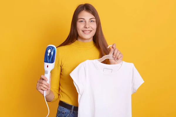 Young Woman Being Ready Steam Her Clothes Rack Home Preparing — Stock Photo, Image