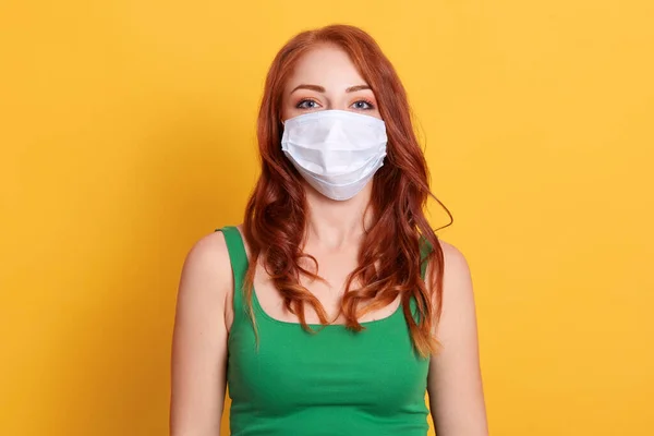 Young Caucasian Woman Wearing Face Mask Protect Covid Isolated Yellow — Stock Photo, Image