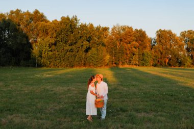 Güneş batarken çimenli bir alanda öpüşen bir çift sıcak, altın bir atmosfer yaratıyor..