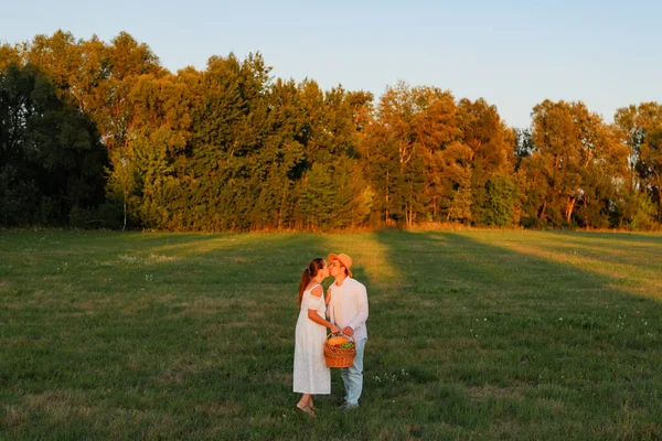 Güneş batarken çimenli bir alanda öpüşen bir çift sıcak, altın bir atmosfer yaratıyor..