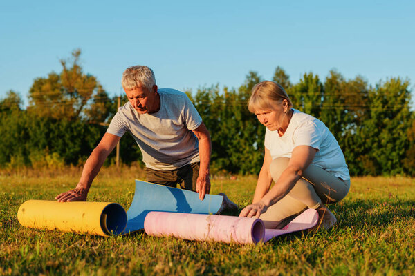 An older couple is unrolling colorful exercise mats on the grass in a park. The sun is shining brightly, creating a warm atmosphere for their outdoor fitness routine.
