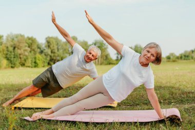 Yaşlı bir çift güneşli bir parkta renkli minderlerde yoga yaparken huzurlu bir anın tadını çıkarıyor. Esnerken gülümsemelerini ve dengelerini paylaşıyorlar..