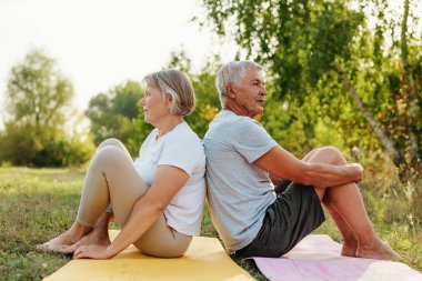 Huzurlu bir parkta yoga minderlerinin üzerinde sırt sırta oturan bir çift, sağlık ve bağlantı için gün batımının rahatlatıcı havasını kucaklıyor..