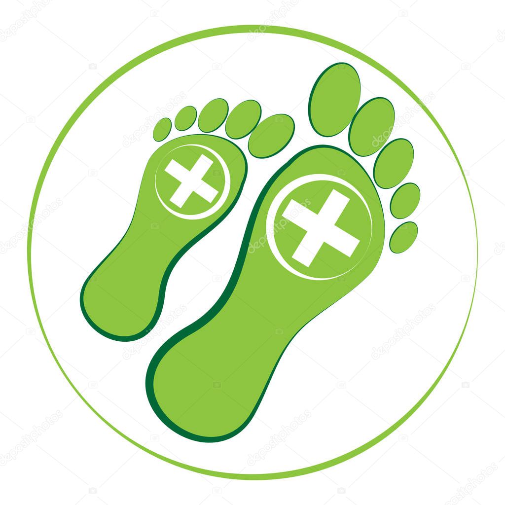 Green foot with white cross in ring isolated on white background.