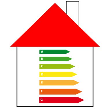 Enerji etiketleri ile ev beyaz arka plan üzerinde. Vektör çizim