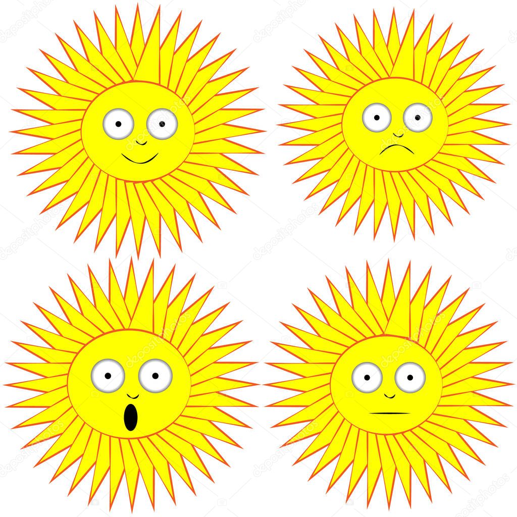 Funny sun with face isolated on white background. Vector illustration.