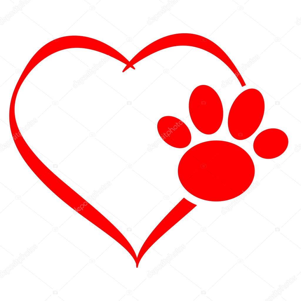 Hearts with dog paw isolated on white background. Vector illustration.