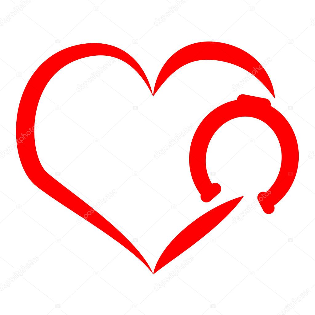 Red horse shoe with heart on white background.Vector illustration.