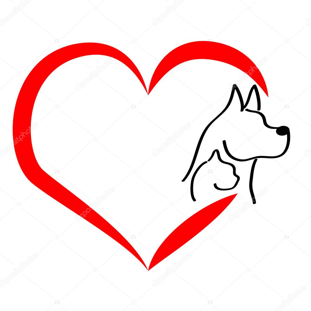 Head of dog and cat with heart on white background. Vector illustration.