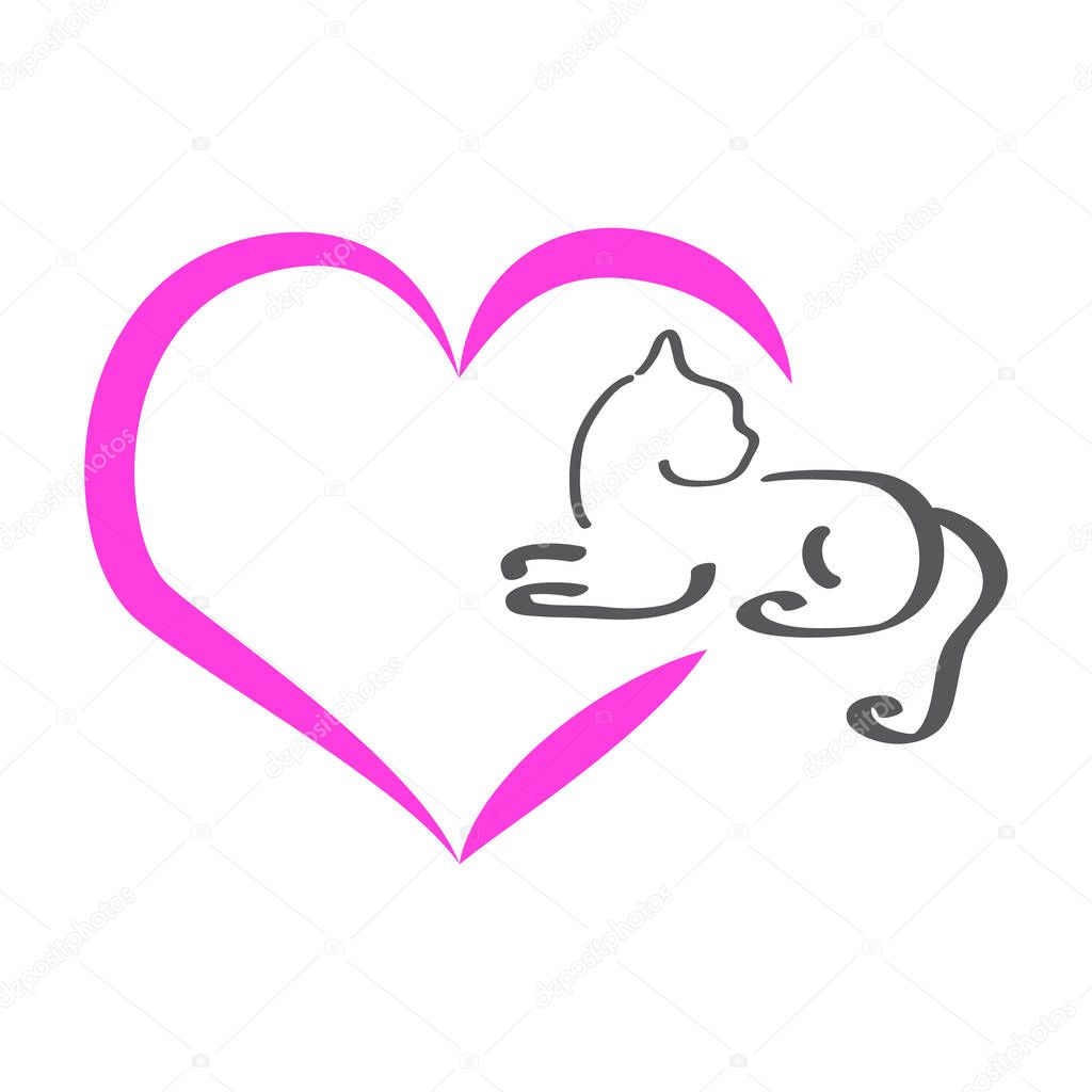 Colourful silhouette of a cat with hearts  on white background. Vector illustration.