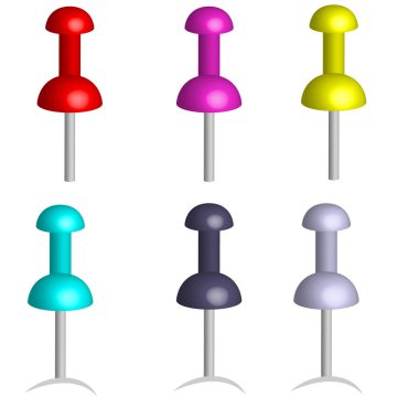 Beyaz arka plan üzerinde izole renkli 3d pins kümesi. Vektör çizim.