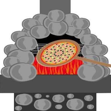 Beyaz adam izole taş fırın pizza. Gıda ve cookingg... Vektör çizim.