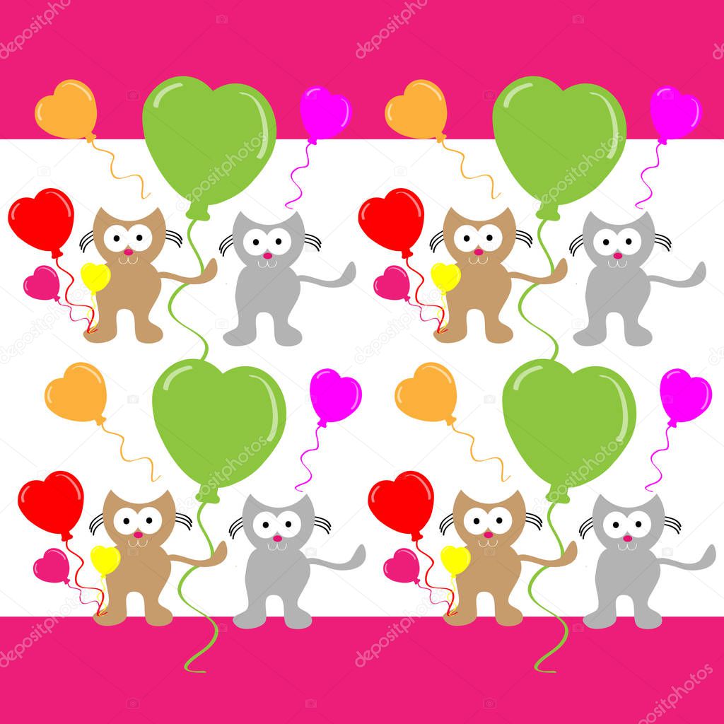 Falling love cats with hearts balloon on color background. Vector illustration