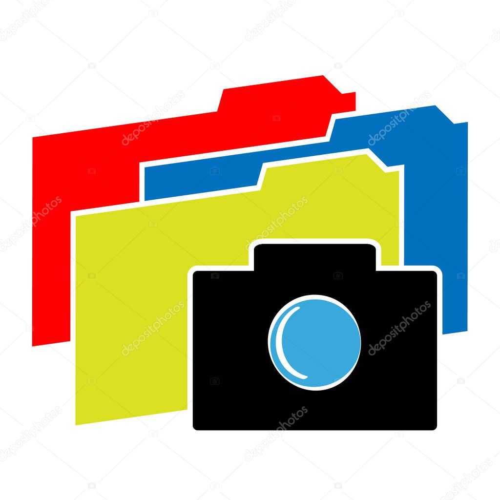 Camera icon with color folders on white background. Vector illustration