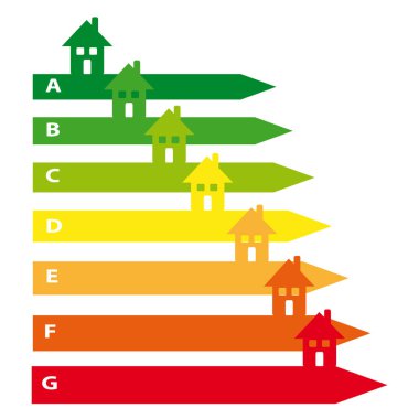 Beyaz arka plan üzerinde izole ev simgesini içeren enerji etiketleri. Vektör esnaf