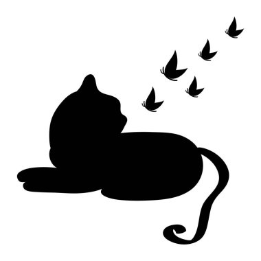 Arka plan üzerinde izole kelebekler ile kedi siluet. Vektör çizim.
