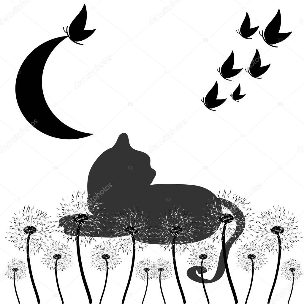 Cat silhouette with butterflies and dandelions  isolated on white background. Vector illustration.