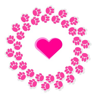 Beyaz arka plan üzerinde kalp ile halka pembe köpek pençeleri. Vektör çizim.