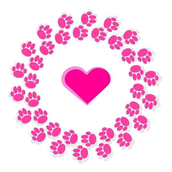 粉红色的狗爪在圆环与心脏在白色背景 矢量插图 — 图库矢量图片