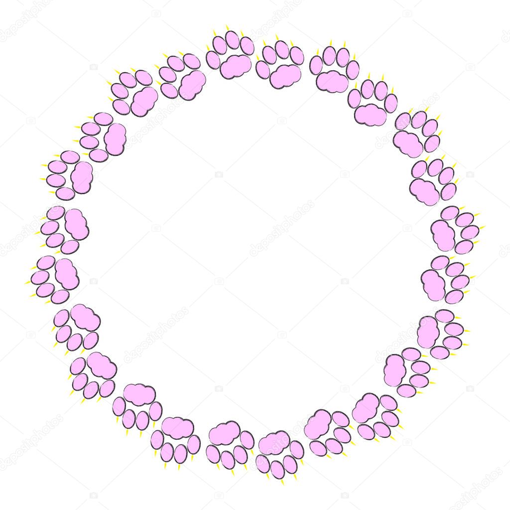 Pink cat paw with claws in ring  on  white background. Vector illustration. 