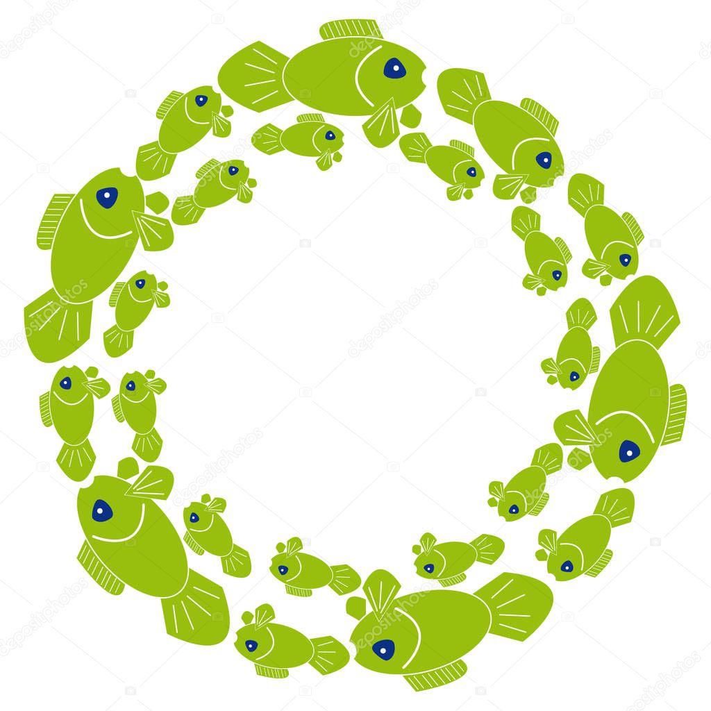 Green fish in ring on white background. Vector illustration.