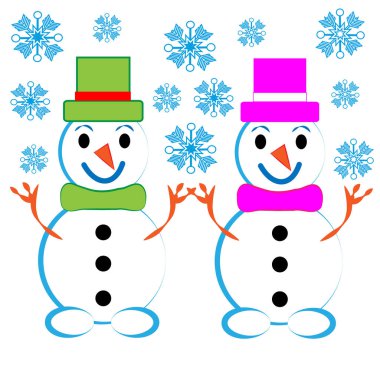 Beyaz arka planda izole edilmiş kar taneleri olan kardan adamlar.