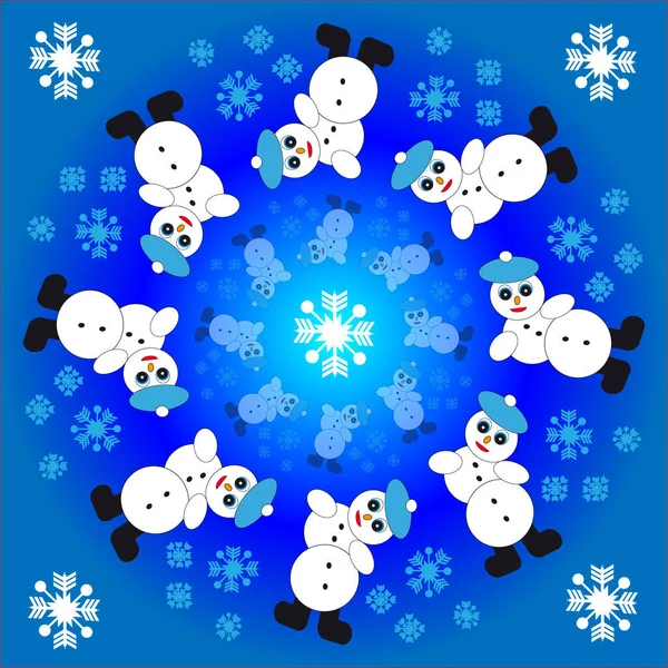 Muñeco de nieve cayendo con copos de nieve en anillo sobre fondo azul. Ilustración vectorial . — Vector de stock