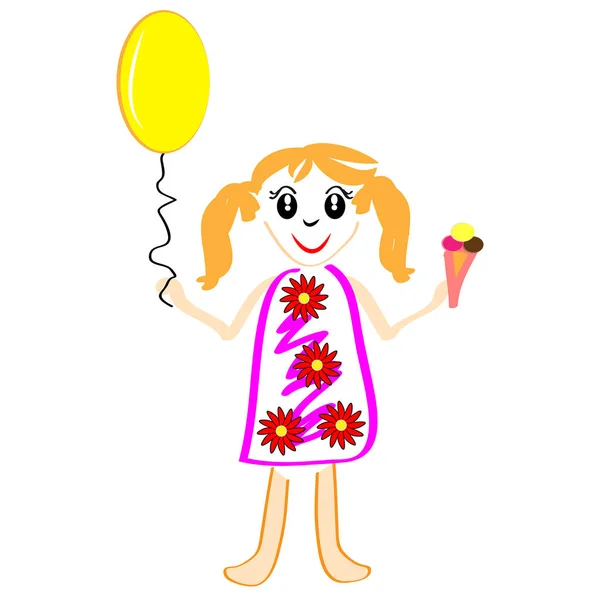 Chica con globo y helado aislado sobre fondo blanco. Ilustración vectorial . — Vector de stock